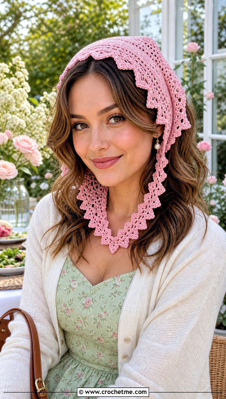 Picot Edge Bandana Crochet Scarf With Floral Midi Dress - 20 Bandana Crochet Scarf outfit ideas