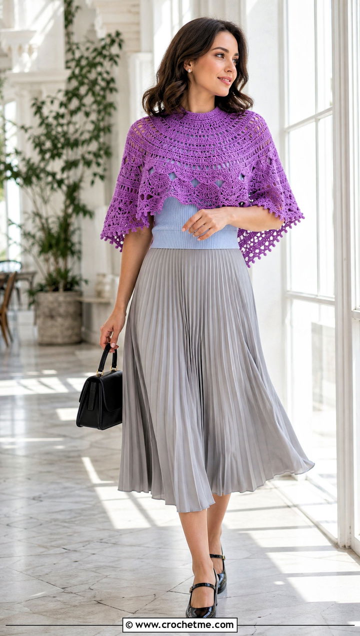 Picot Edge Circle Crochet Shawl With Pleated Midi Skirt - 20 Circle Crochet Shawl outfit ideas