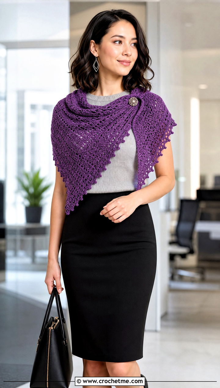 Picot Edge Crescent Crochet Shawl With Pencil Skirt - 25 Crescent Crochet Shawl outfit ideas