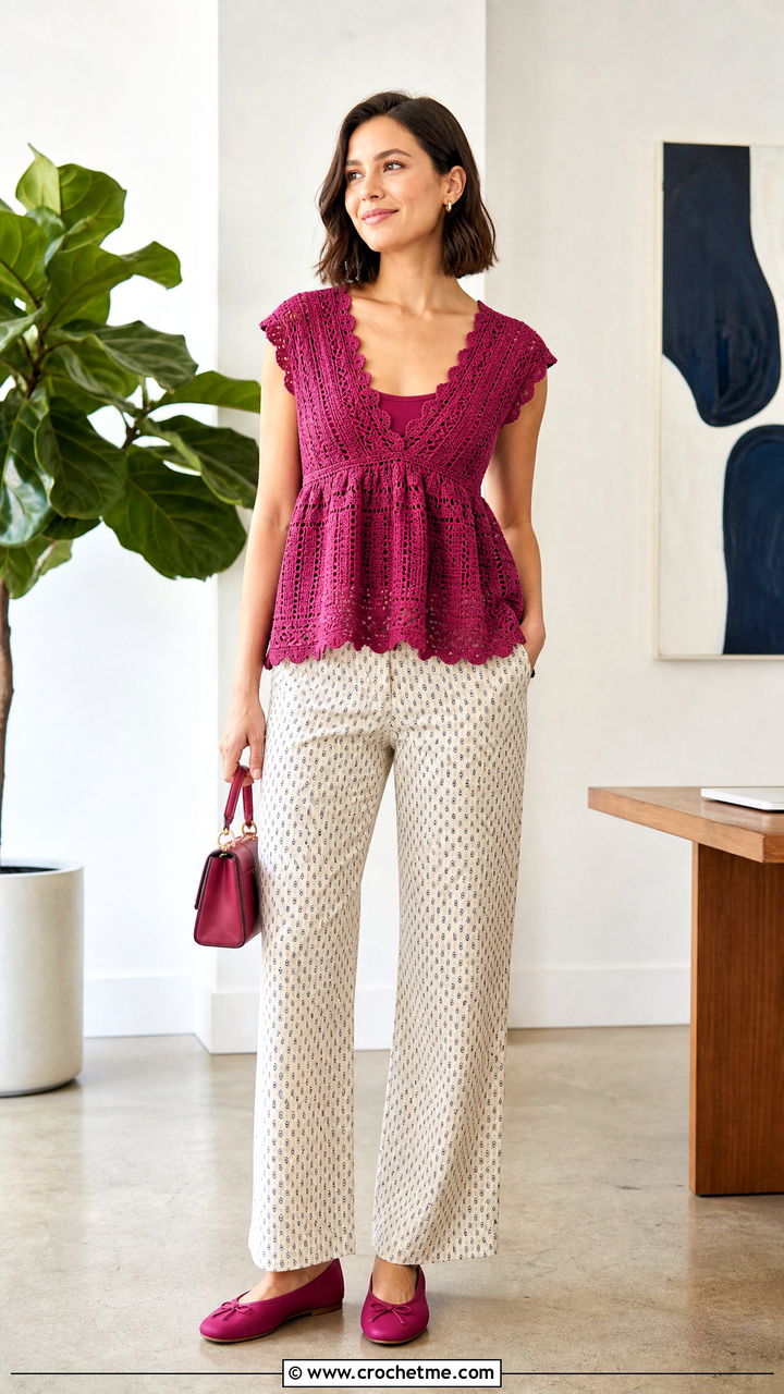 Picot Edge Crochet Babydoll Top With Printed Pants - 35 crochet babydoll top outfit ideas