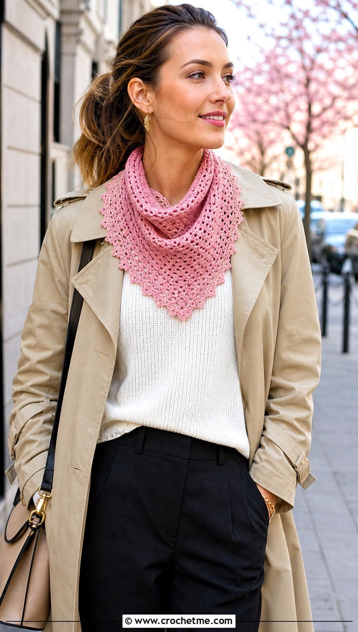 Picot Edge Crochet Bandana Cowl With Trench Coat - 30 crochet bandana cowl outfit ideas