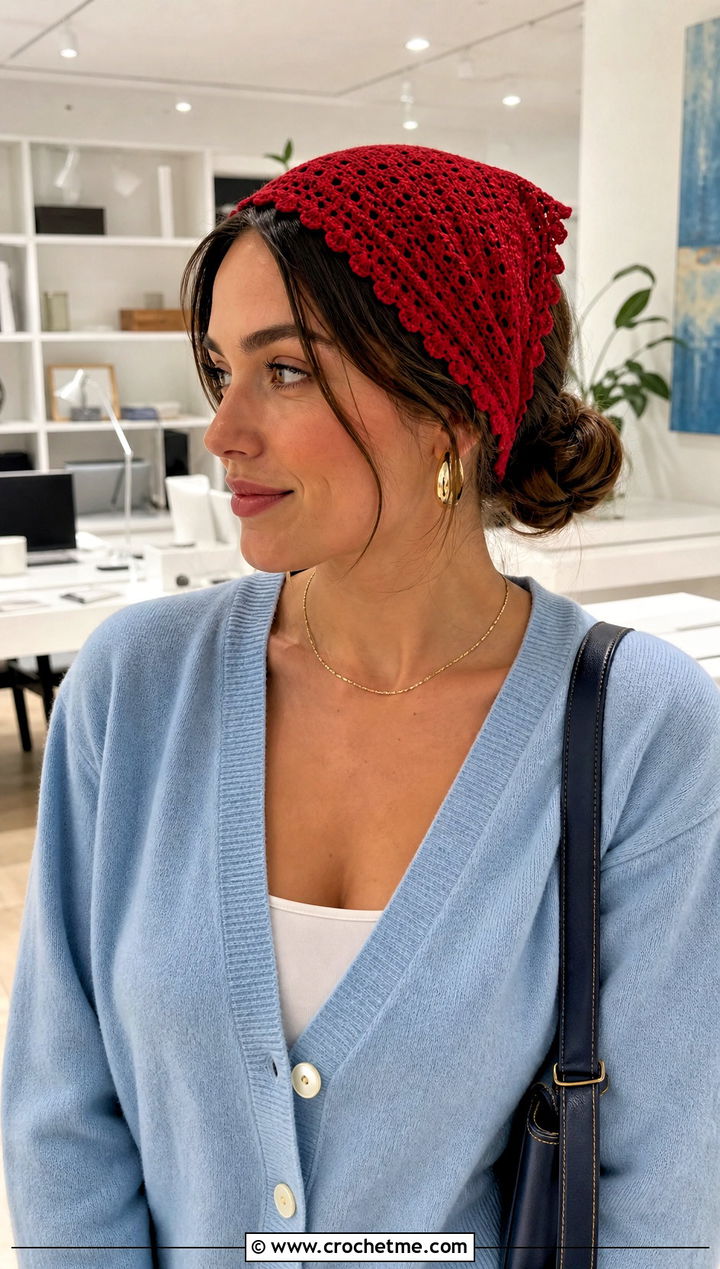 Picot Edge Crochet Bandana With Cardigan And Trousers - 25 crochet bandana hair scarf outfit ideas