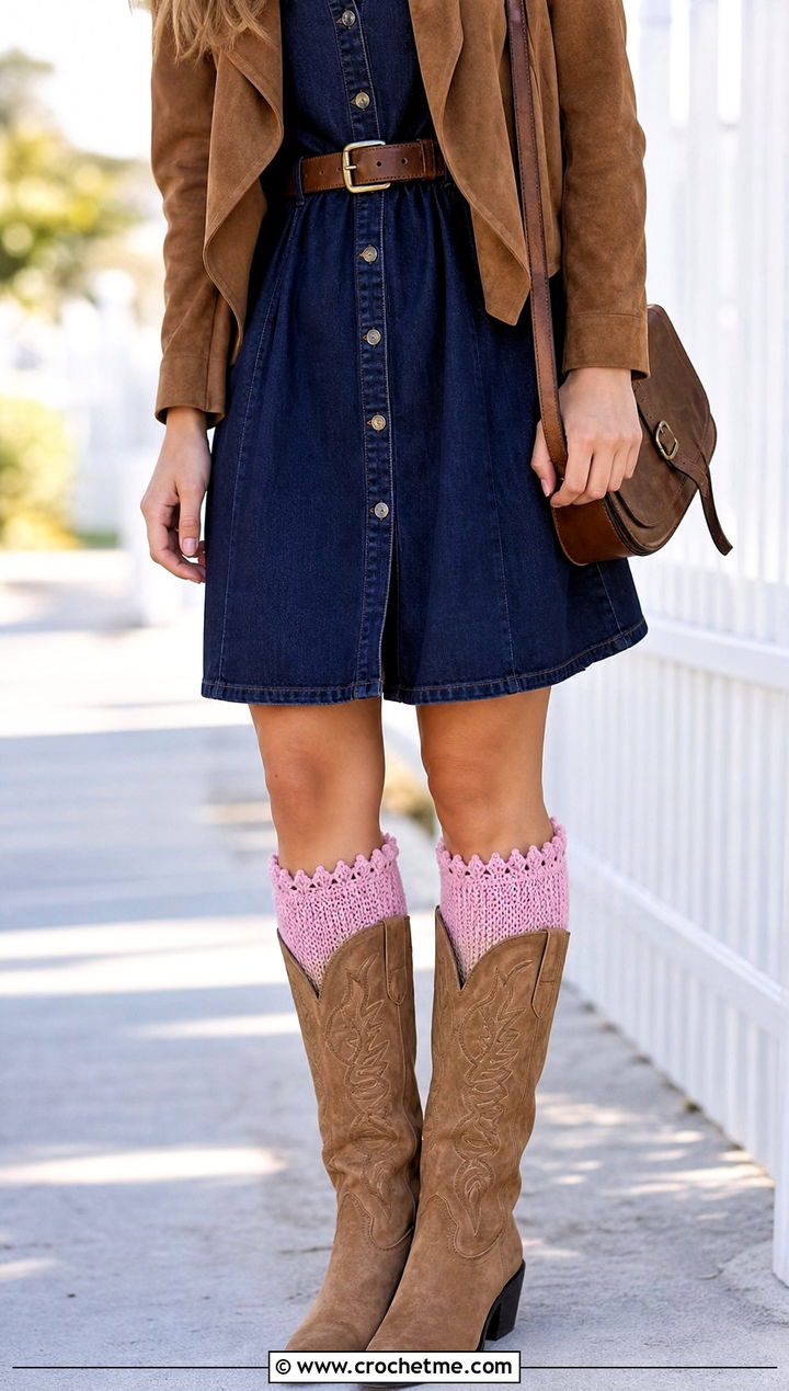 Picot Edge Crochet Boot Cuffs With Denim Dress and Western Boots - 30 crochet boot cuff outfit ideas