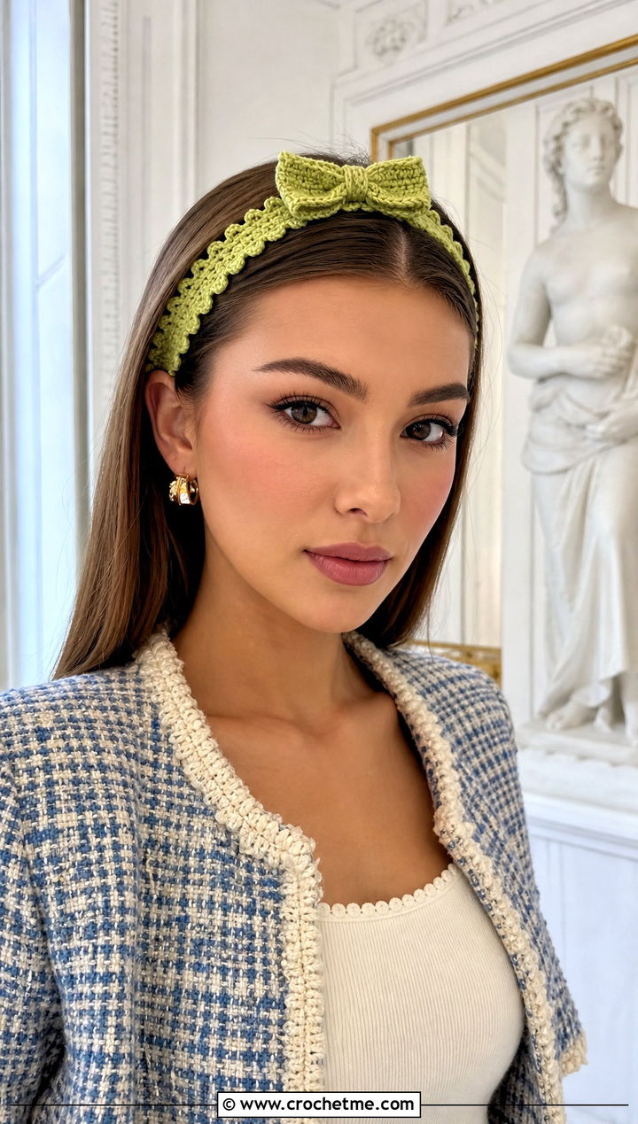 Picot Edge Crochet Bow Headband With Tweed Jacket And Jeans - 30 crochet headband with bow outfit ideas