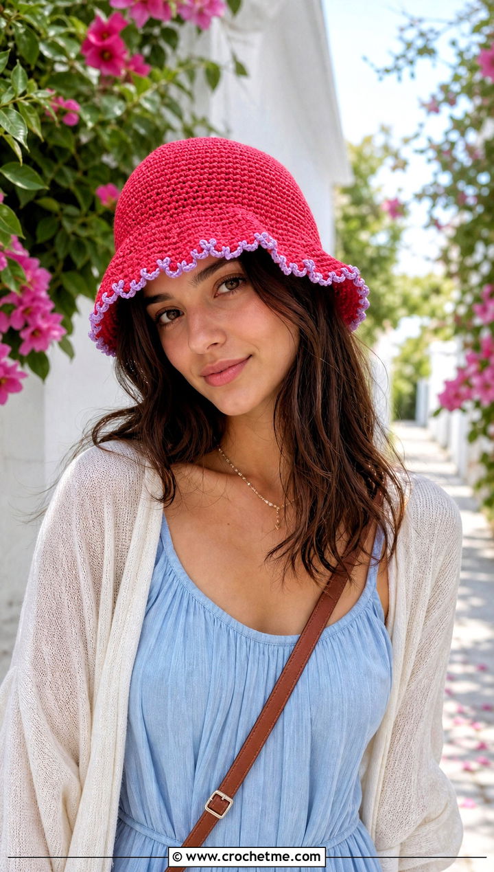 Picot Edge Crochet Bucket Hat With Maxi Dress - 25 Frilly Crochet Bucket Hat outfit ideas
