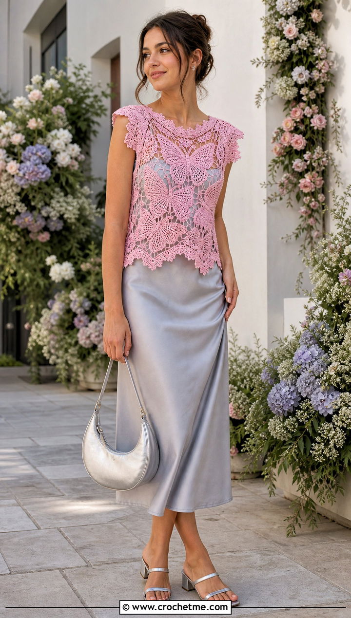 Picot Edge Crochet Butterfly Lace Top Over A Slip Dress - 30 crochet butterfly lace top outfit ideas