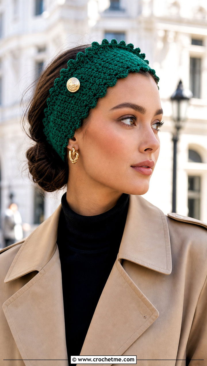 Picot Edge Crochet Button Headband With Trench Coat - 15 Crochet Button Headband outfit ideas