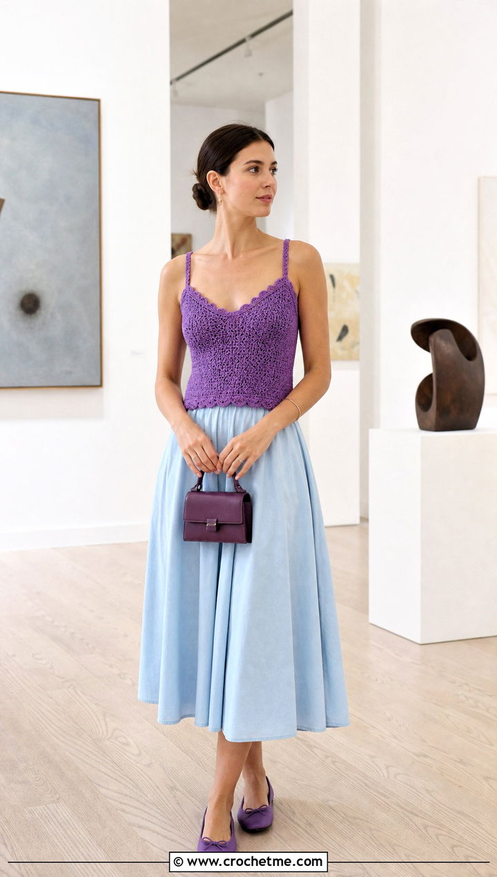 Picot Edge Crochet Cami Top With Full Midi Skirt - 30 crochet cami top outfit ideas