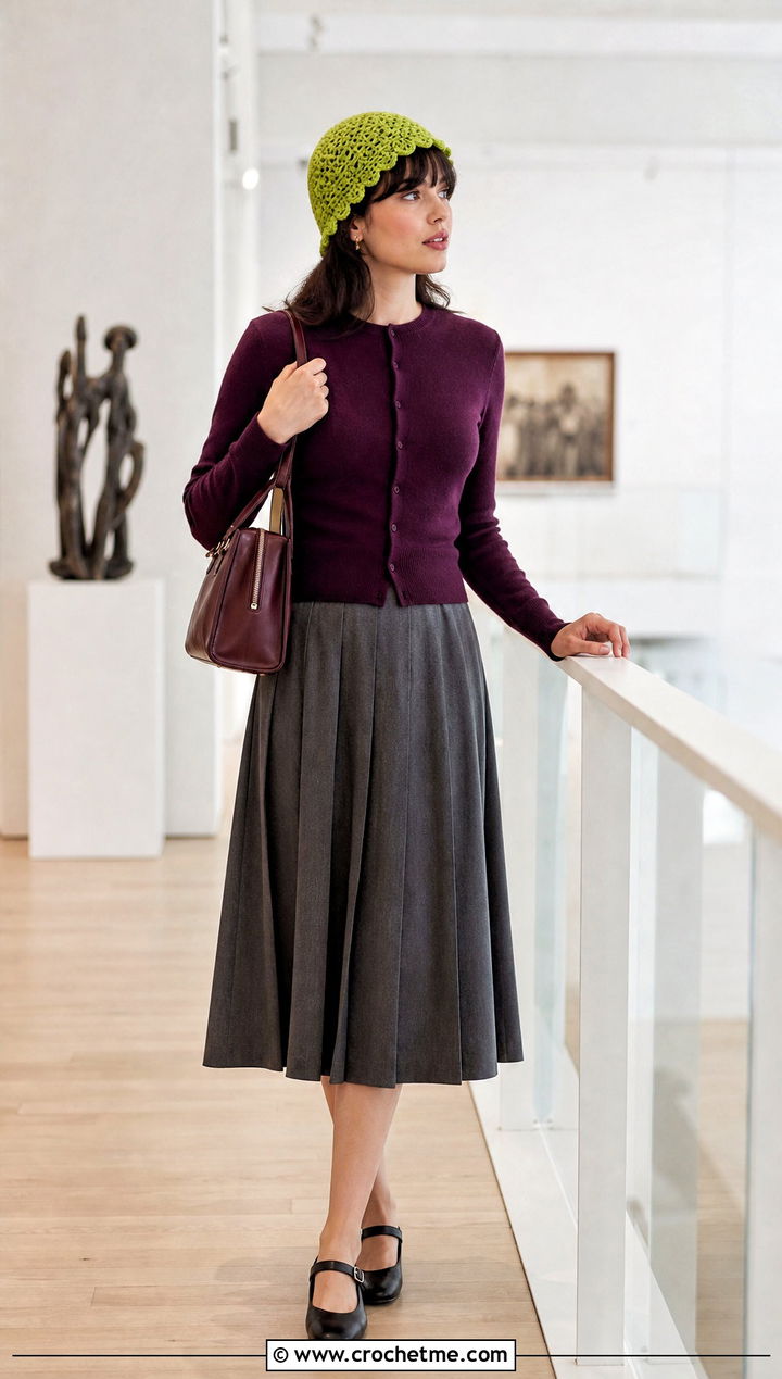 Picot Edge Crochet Cap With Cardigan And Midi Skirt - 35 crochet tiny hat outfit ideas