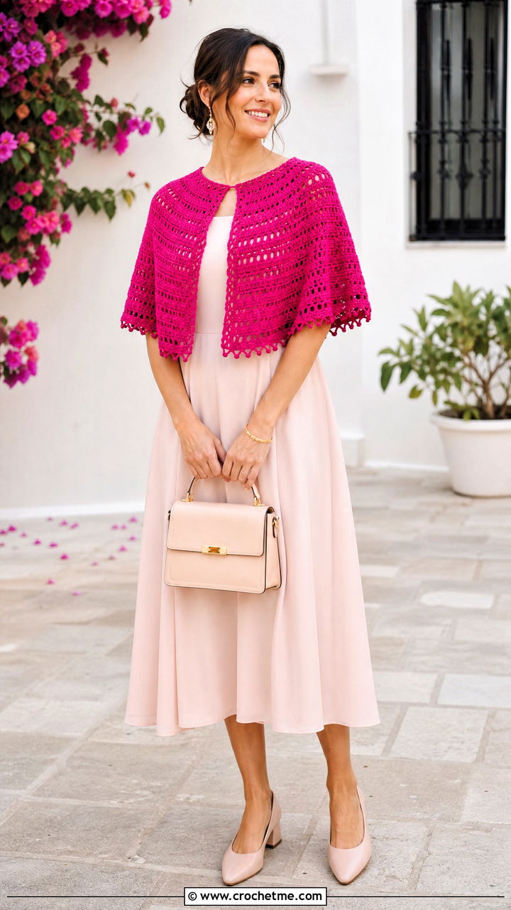 Picot Edge Crochet Capelet With Tea Length Dress - 35 crochet capelet outfit ideas