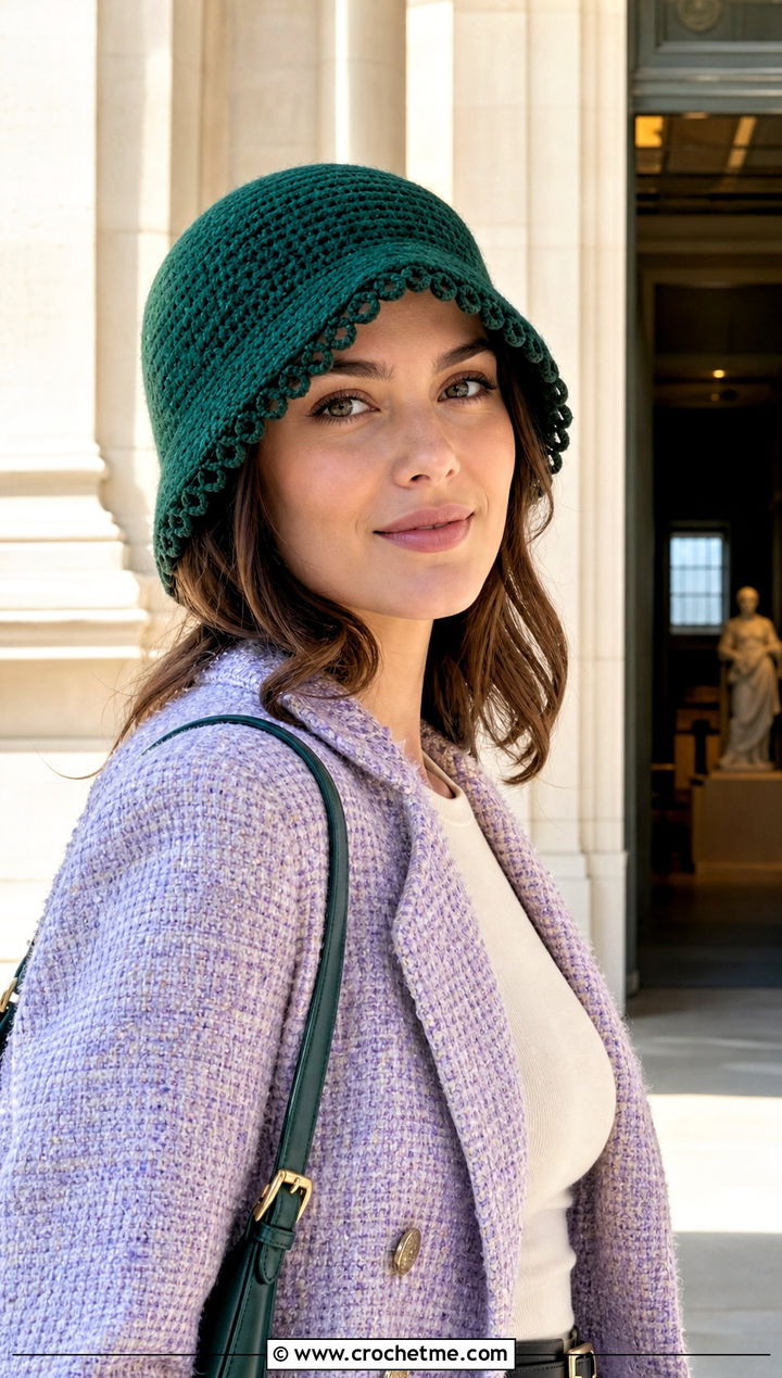 Picot Edge Crochet Cloche Hat With Tweed Jacket - 25 Cloche Crochet Hat outfit ideas