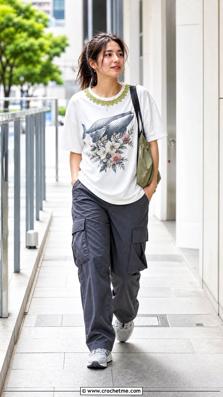 Picot Edge Crochet Collar With Graphic Tee And Cargo Pants - 35 crochet collar outfit ideas