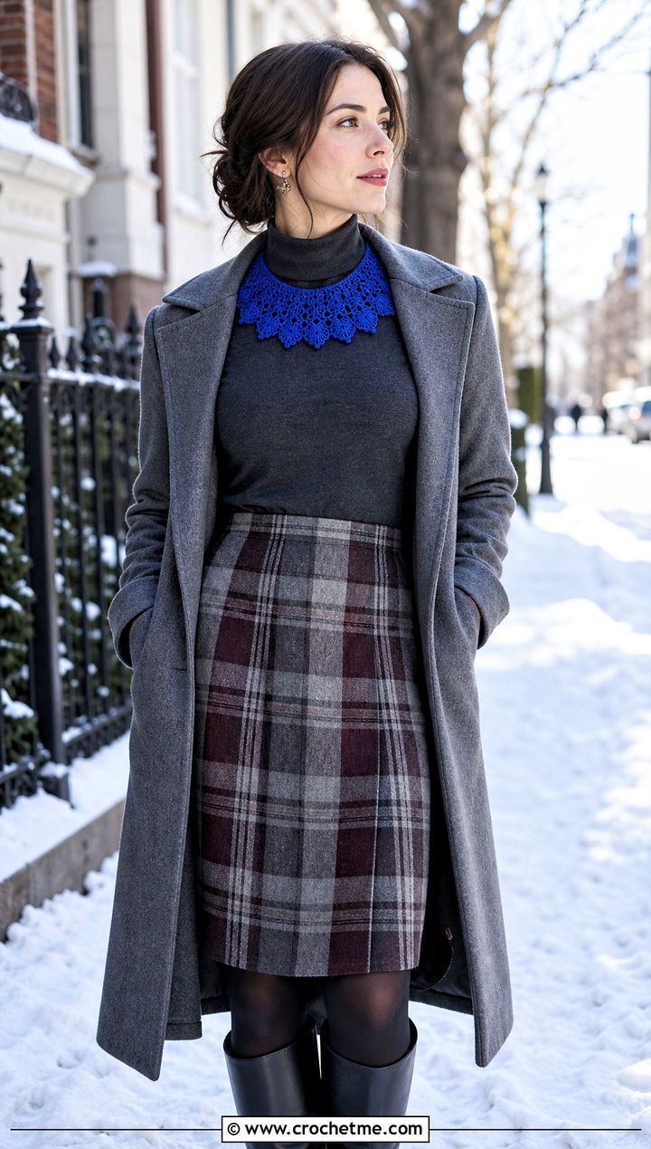 Picot Edge Crochet Collar With Turtleneck And Plaid Skirt - 15 Vintage Crochet Collar Design outfit ideas