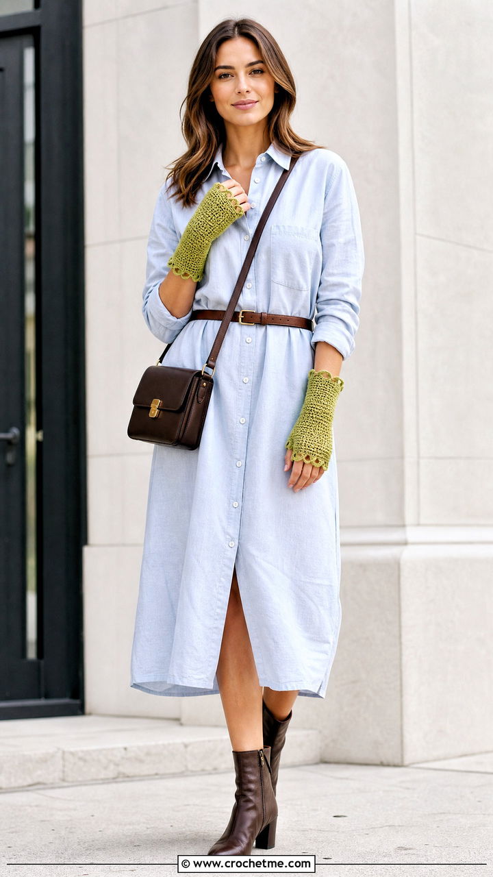 Picot Edge Crochet Fingerless Gloves With Shirt Dress - 35 easy crochet fingerless gloves outfit ideas