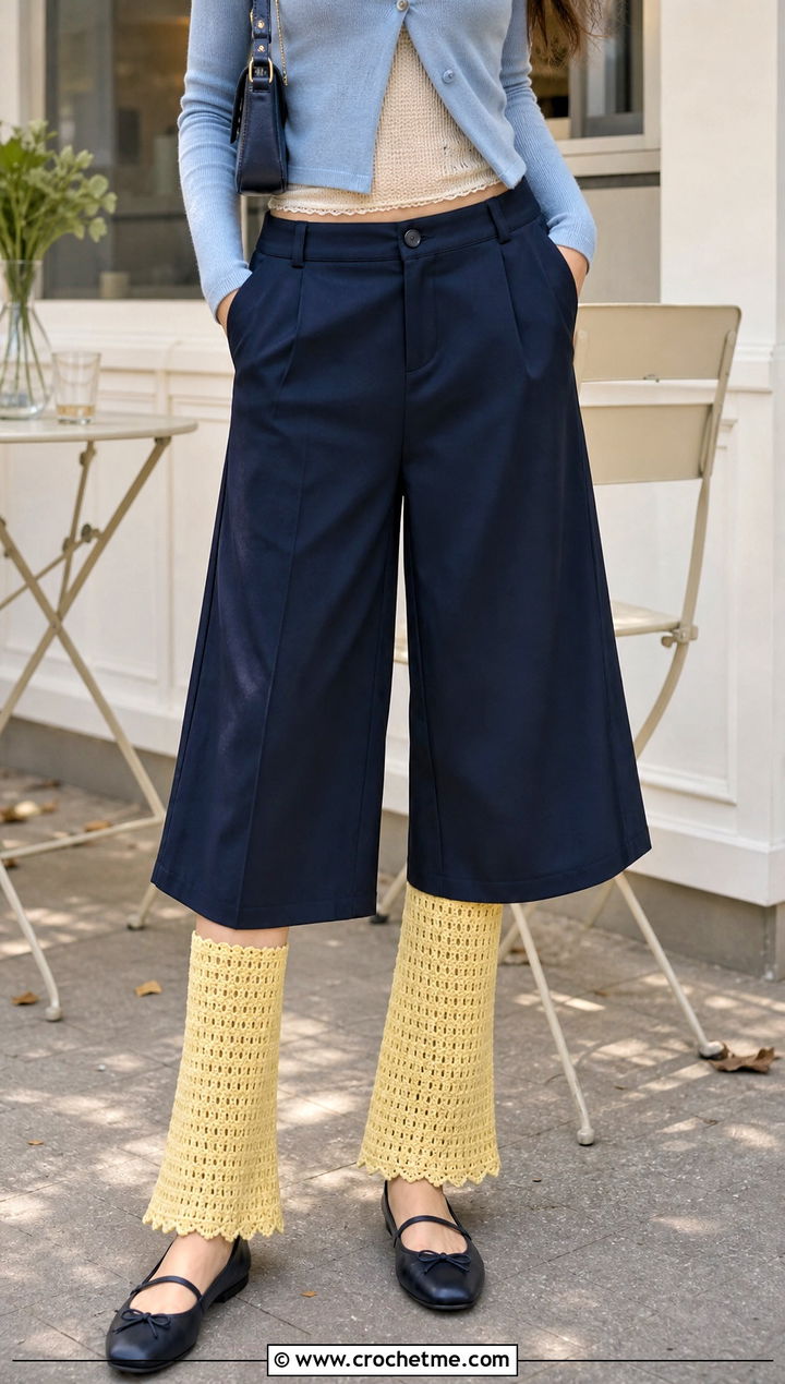 Picot Edge Crochet Flared Leg Warmers With Cropped Cardigan - 30 Crochet Flared Leg Warmers outfit ideas