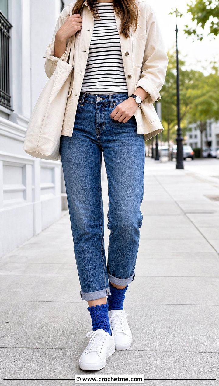 Picot Edge Crochet Frilly Socks With Straight Jeans - 25 Crochet Frilly Socks outfit ideas