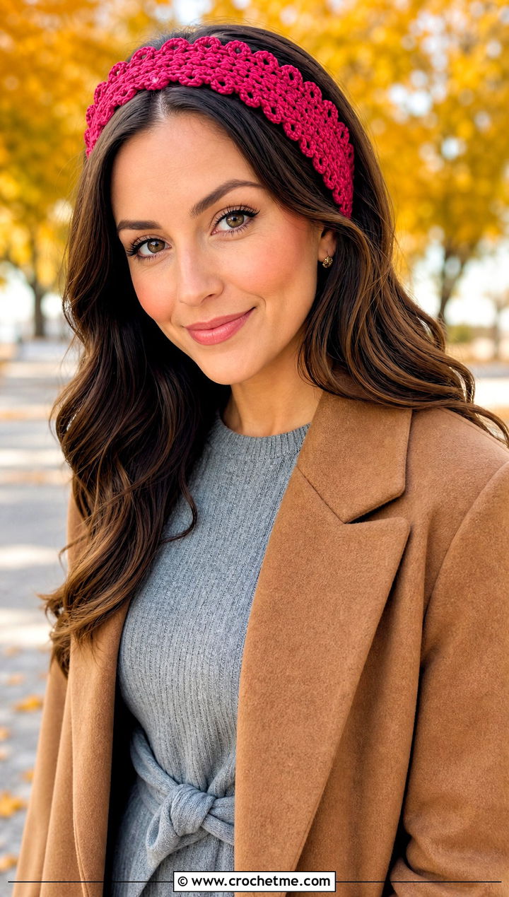Picot Edge Crochet Hair Headband With Sweater Dress And Boots - 30 crochet hair headband outfit ideas