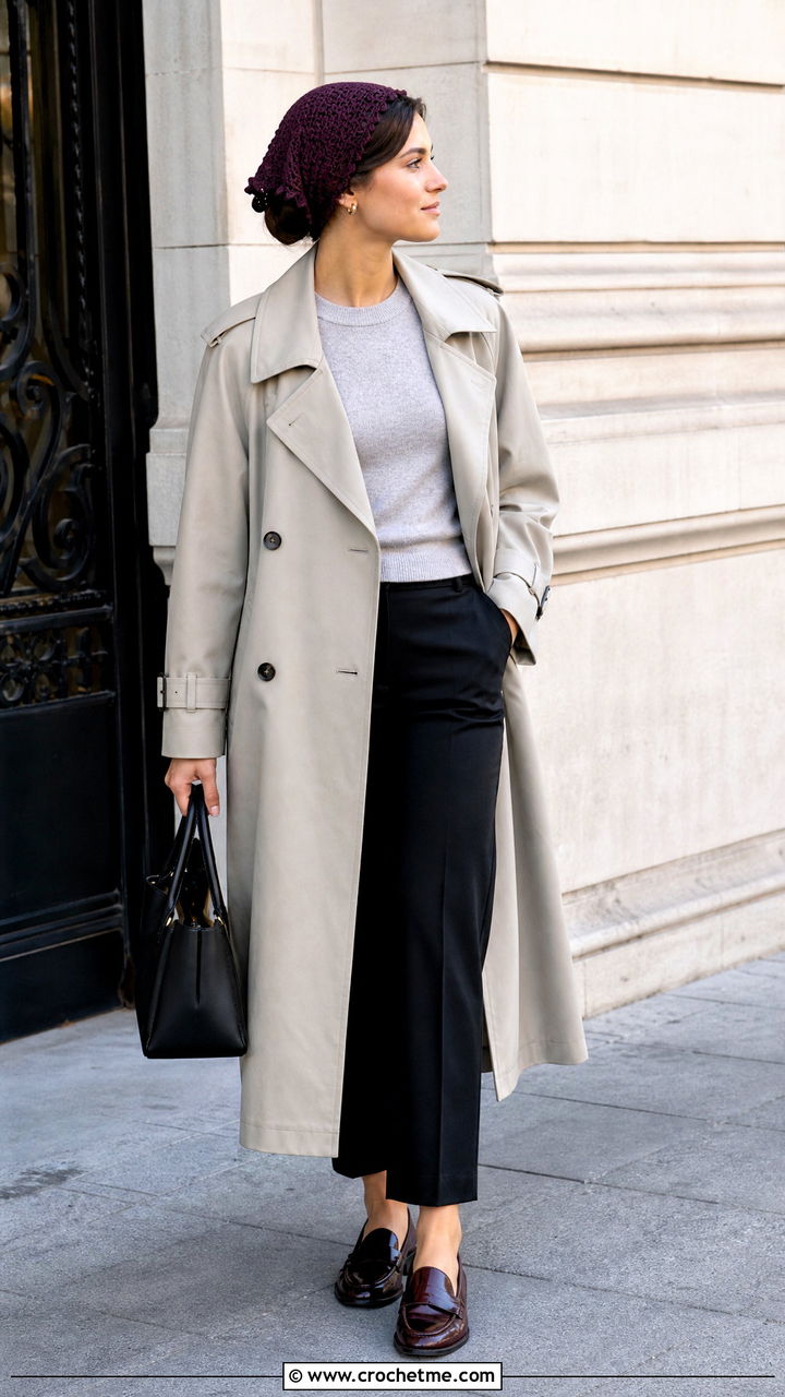 Picot Edge Crochet Hair Scarf With Trench Coat And Loafers - 35 crochet hair scarf outfit ideas