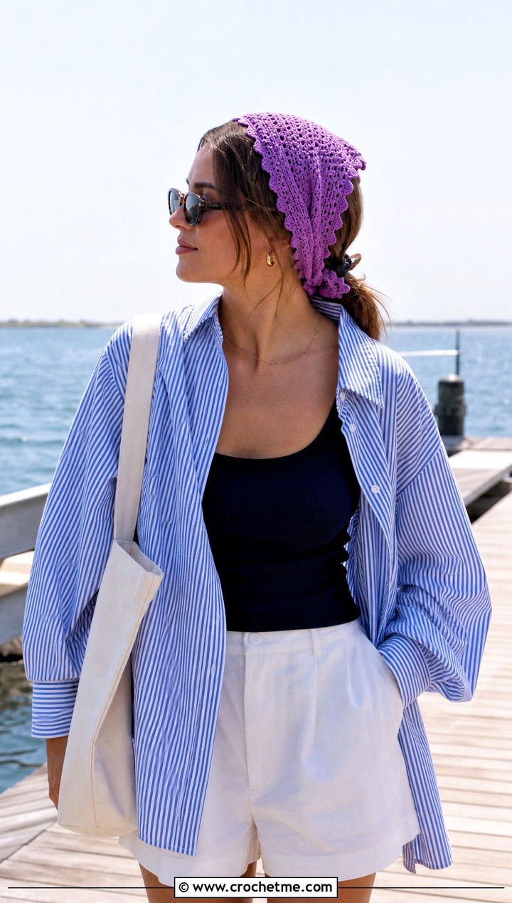 Picot Edge Crochet Head Scarf With Striped Shirt and Shorts - 25 Crochet Boho Head Scarf outfit ideas