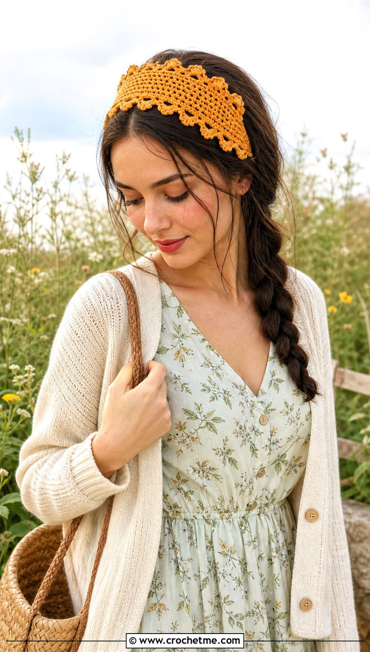 Picot Edge Crochet Headband With Cottagecore Dress - 30 crochet headband for women outfit ideas