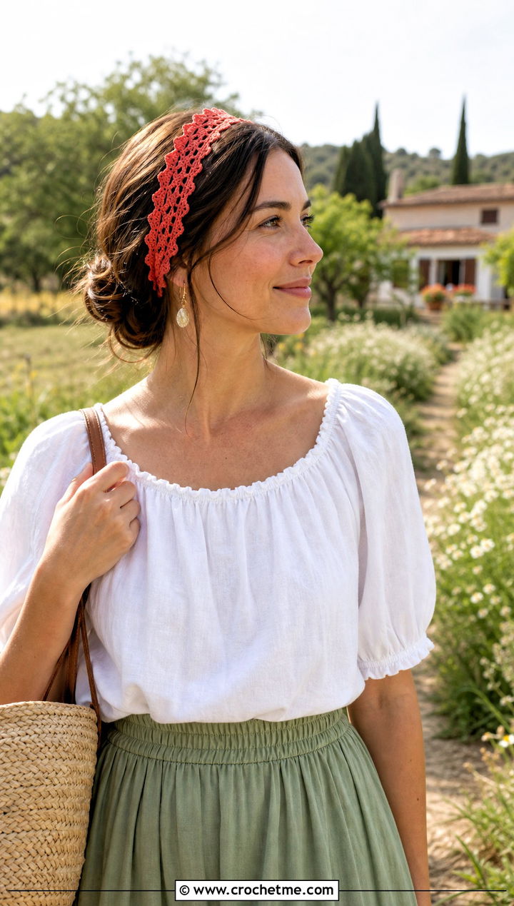 Picot Edge Crochet Headband With Cottagecore Skirt - 30 quick crochet headband outfit ideas