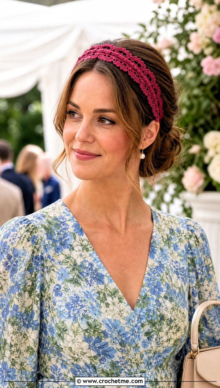 Picot Edge Crochet Headband With Floral Midi Dress - 15 summer crochet headband outfit ideas