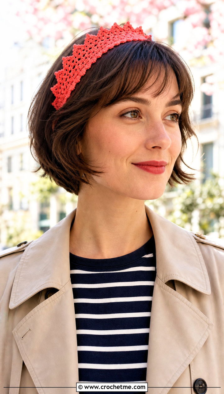 Picot Edge Crochet Headband With Trench Coat - 25 crochet headband for short hair outfit ideas
