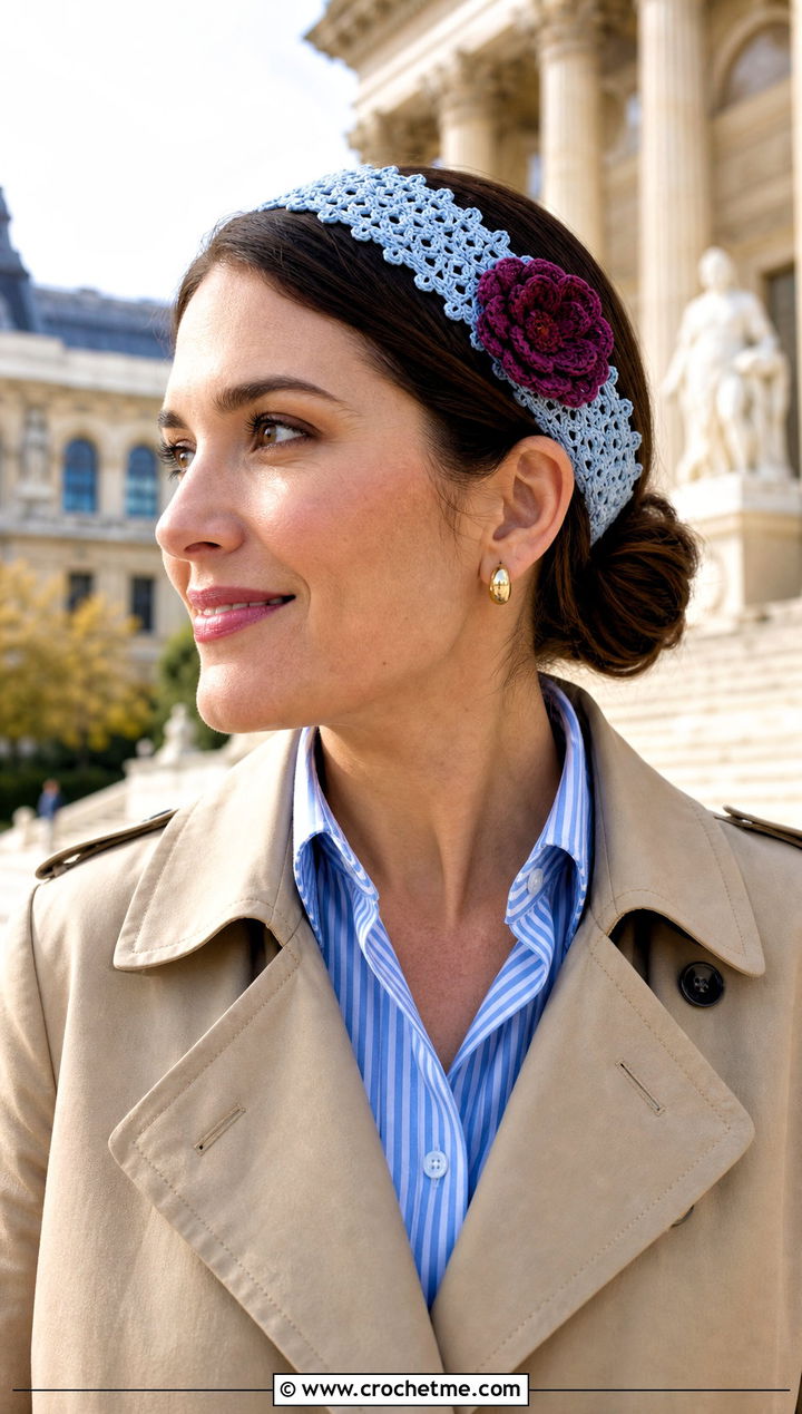 Picot Edge Crochet Headband With Trench Coat Outfit - 15 crochet headband with purple flower outfit ideas