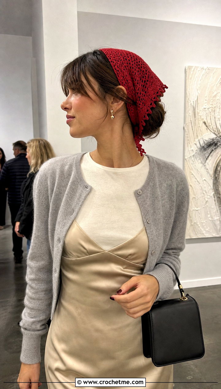 Picot Edge Crochet Kerchief Hair Wrap With Slip Dress - 30 crochet hair wraps outfit ideas