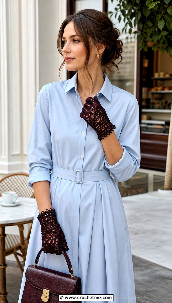 Picot Edge Crochet Lace Gloves With Shirt Dress And Loafers - 30 crochet lace gloves outfit ideas