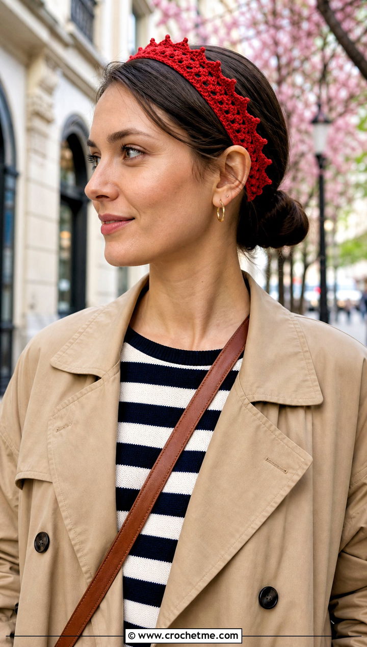 Picot Edge Crochet Lace Headband With Trench Coat And Loafers - 30 crochet lace headband outfit ideas