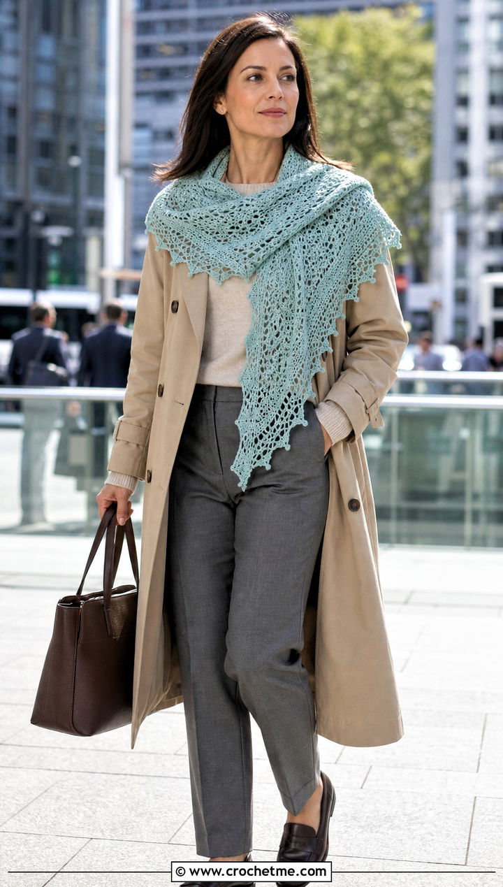Picot Edge Crochet Lace Shawl With A Trench Coat - 30 easy crochet lace shawl outfit ideas