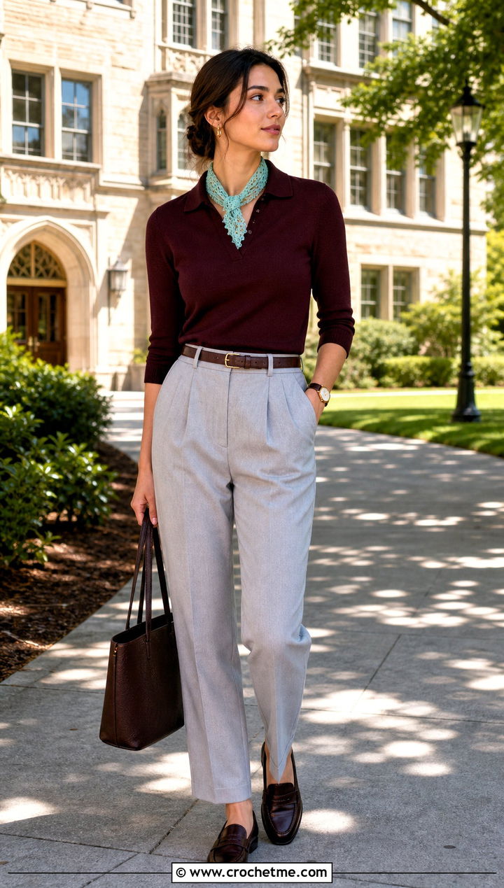 Picot Edge Crochet Mini Scarf With Polo Shirt And Pleated Pants - 35 crochet mini scarf outfit ideas