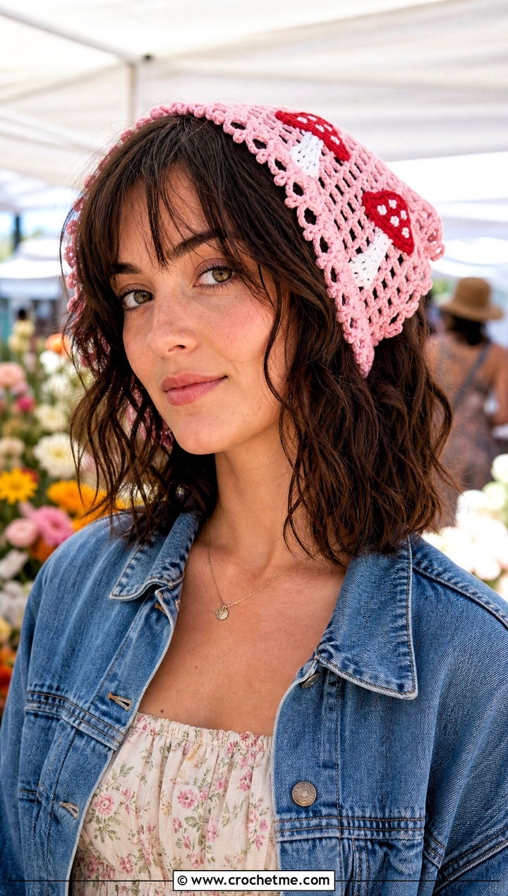 Picot Edge Crochet Mushroom Head Scarf With Prairie Dress - 15 Crochet Mushroom Head Scarf outfit ideas