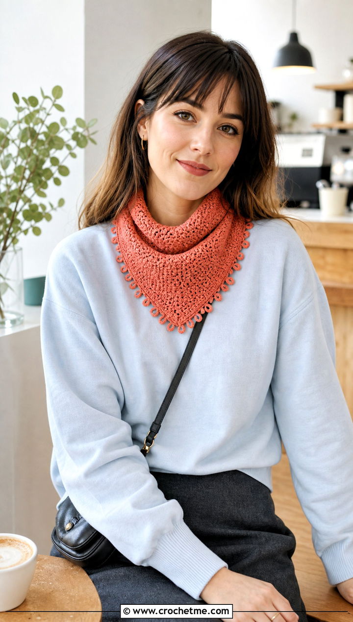 Picot Edge Crochet Neckerchief With Sweatshirt - 30 mini crochet scarf outfit ideas