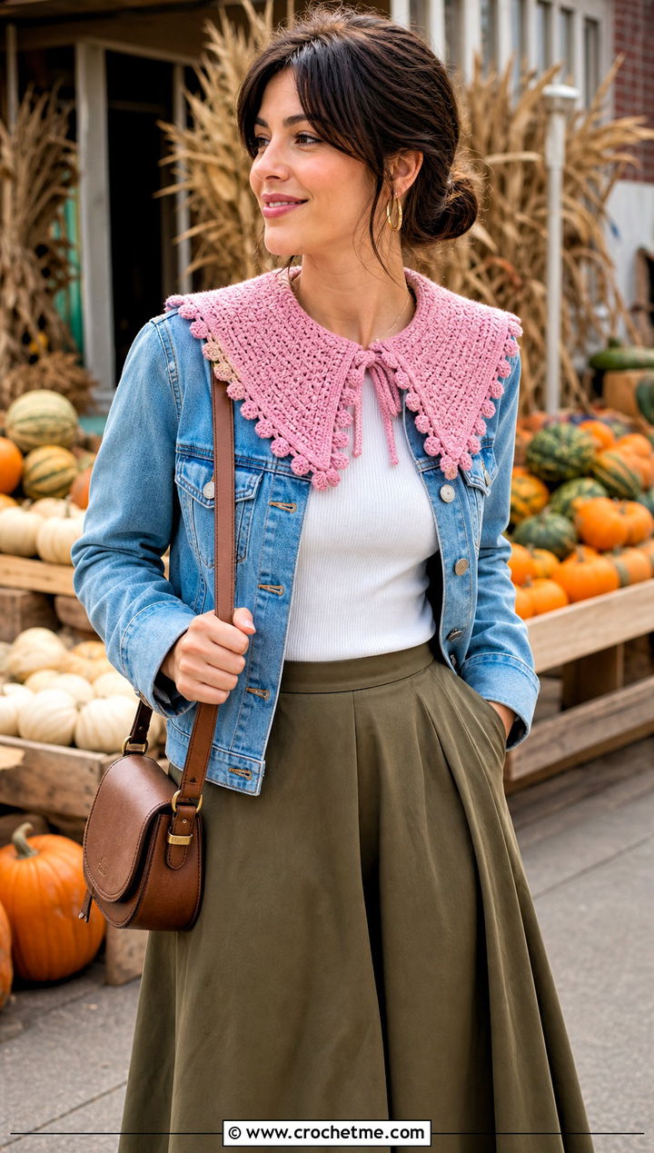 Picot Edge Crochet Sailor Collar With Denim Jacket And Midi Skirt - 30 crochet sailor collar outfit ideas
