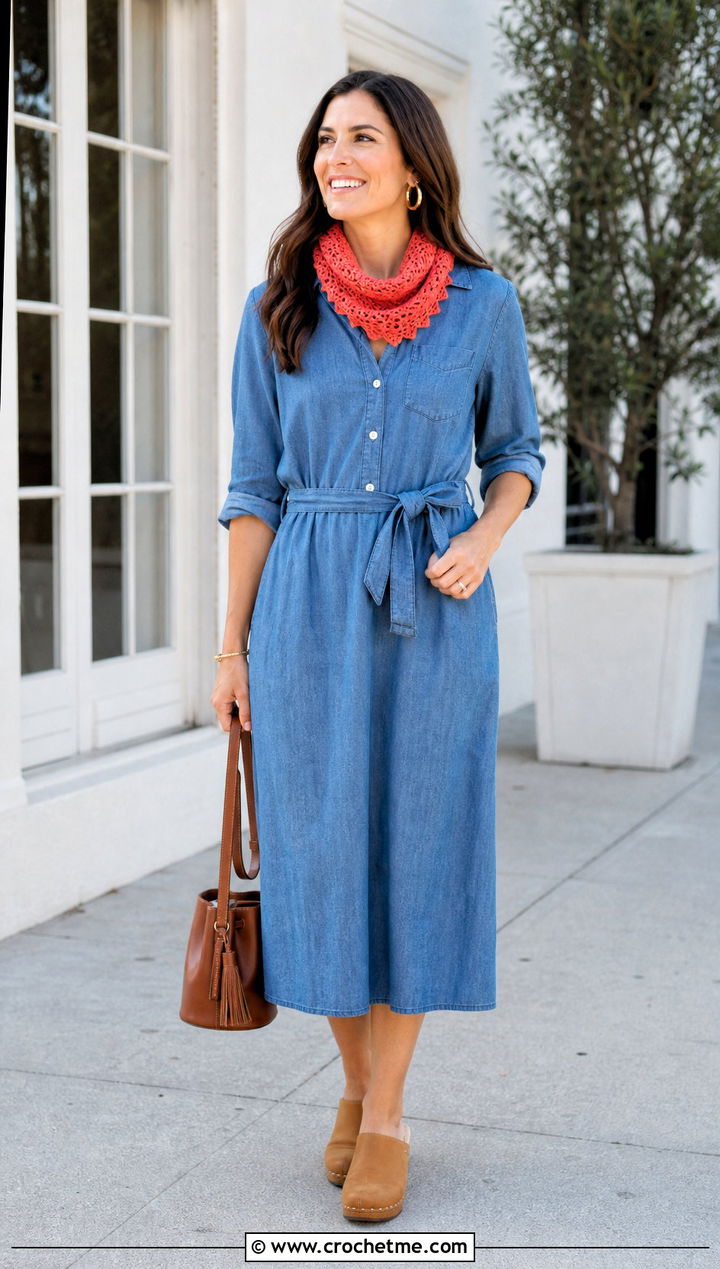 Picot Edge Crochet Scarf With Chambray Dress And Clogs - 35 summer crochet scarf outfit ideas