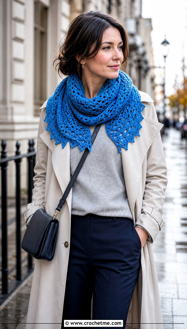 Picot Edge Crochet Semi Circle Shawl With Trench Coat - 25 Crochet Semi Circle Shawl outfit ideas