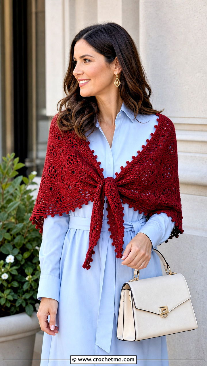 Picot Edge Crochet Shawl With Shirt Dress - 20 Light Weight Crochet Shawl outfit ideas