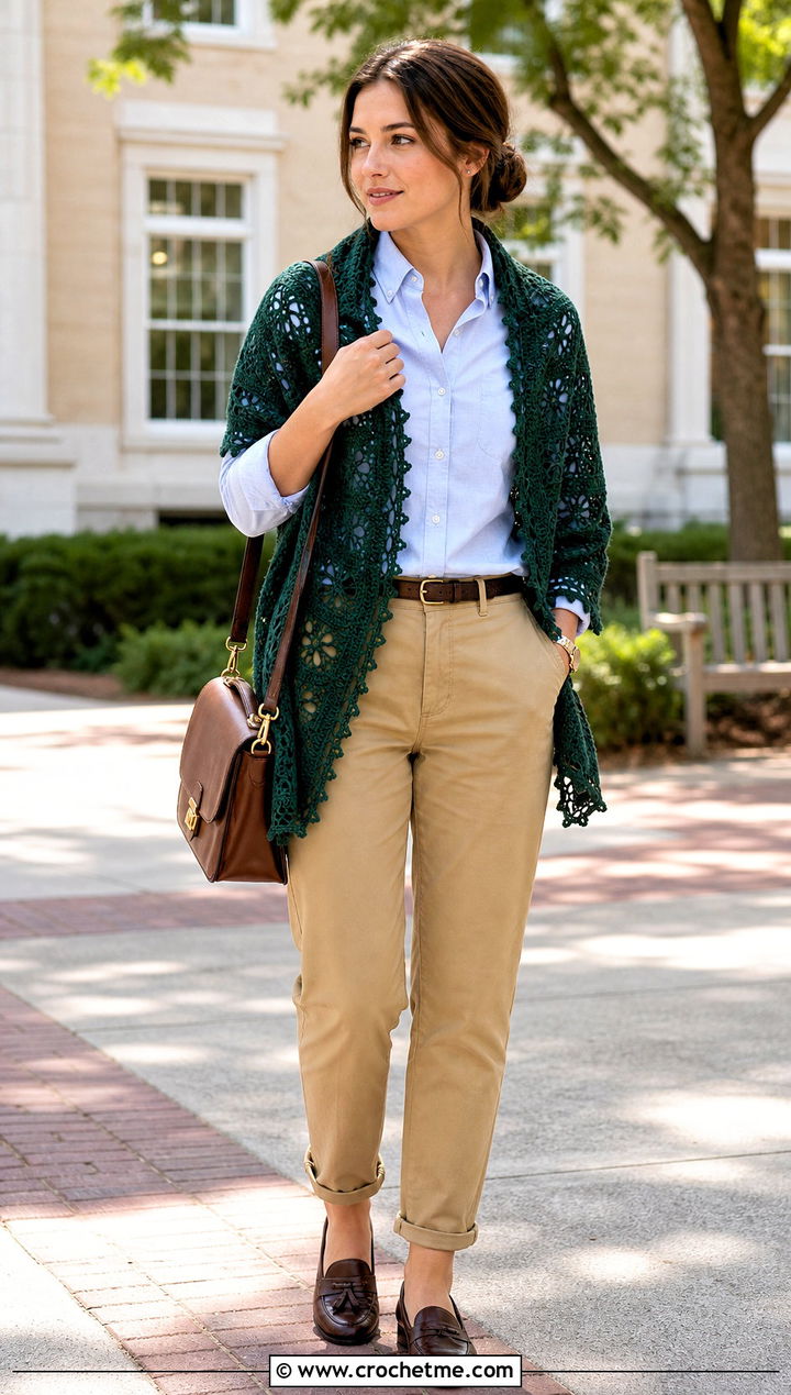 Picot Edge Crochet Skull Shawl With Chinos and Loafers - 35 crochet skull shawl outfit ideas