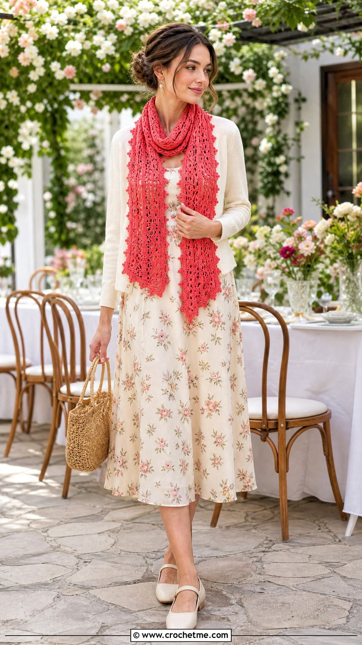 Picot Edge Crochet Sophie Scarf With Floral Midi Dress - 35 crochet sophie scarf outfit ideas