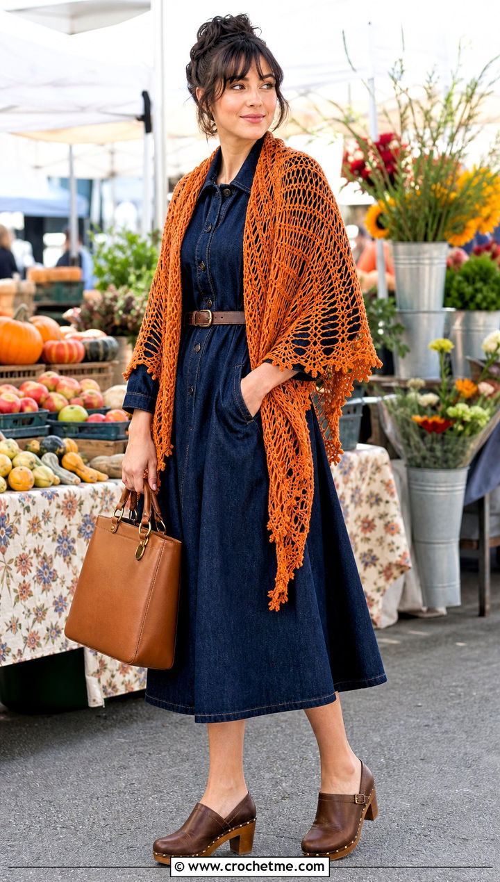 Picot Edge Crochet Spiderweb Shawl With Denim Dress - 30 Crochet Spiderweb Shawl outfit ideas