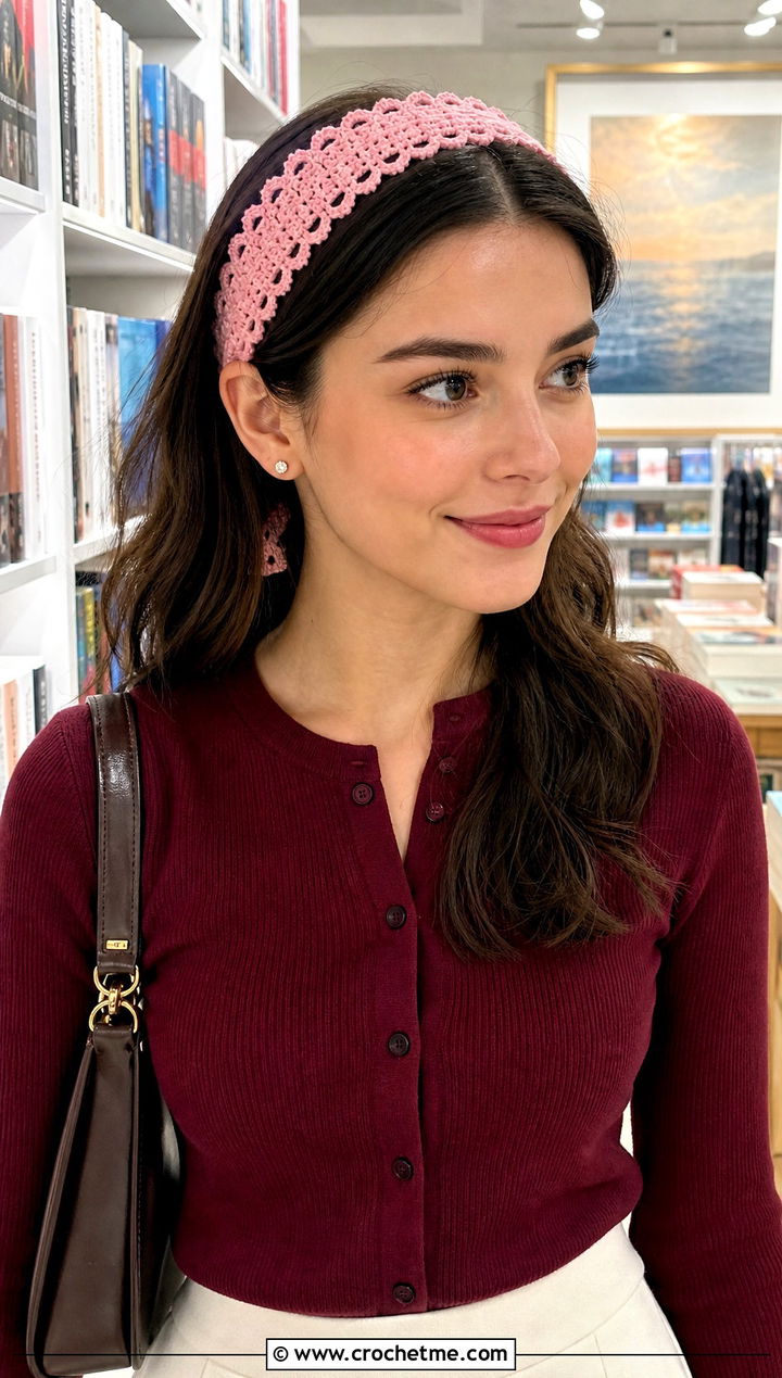 Picot Edge Crochet Tie Headband With Cardigan And Skirt - 35 crochet tie headband outfit ideas
