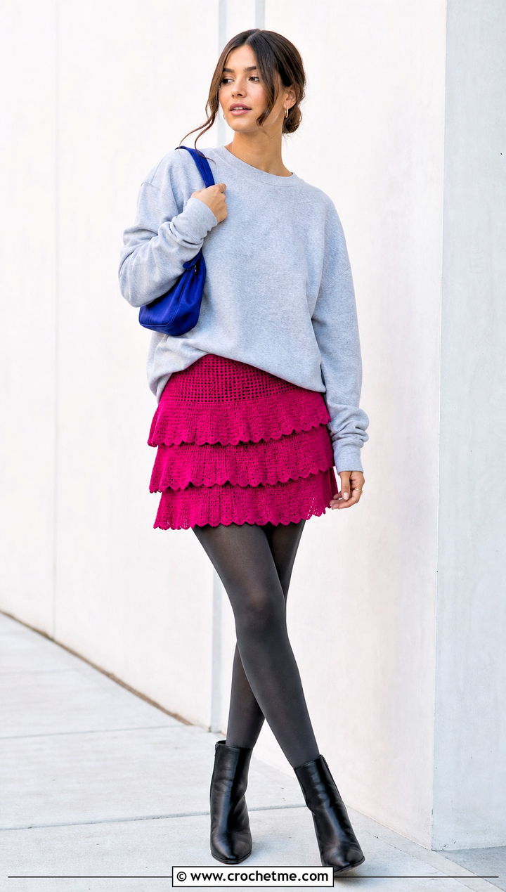 Picot Edge Crochet Tiered Mini Skirt With Sweatshirt - 35 crochet tiered skirt outfit ideas