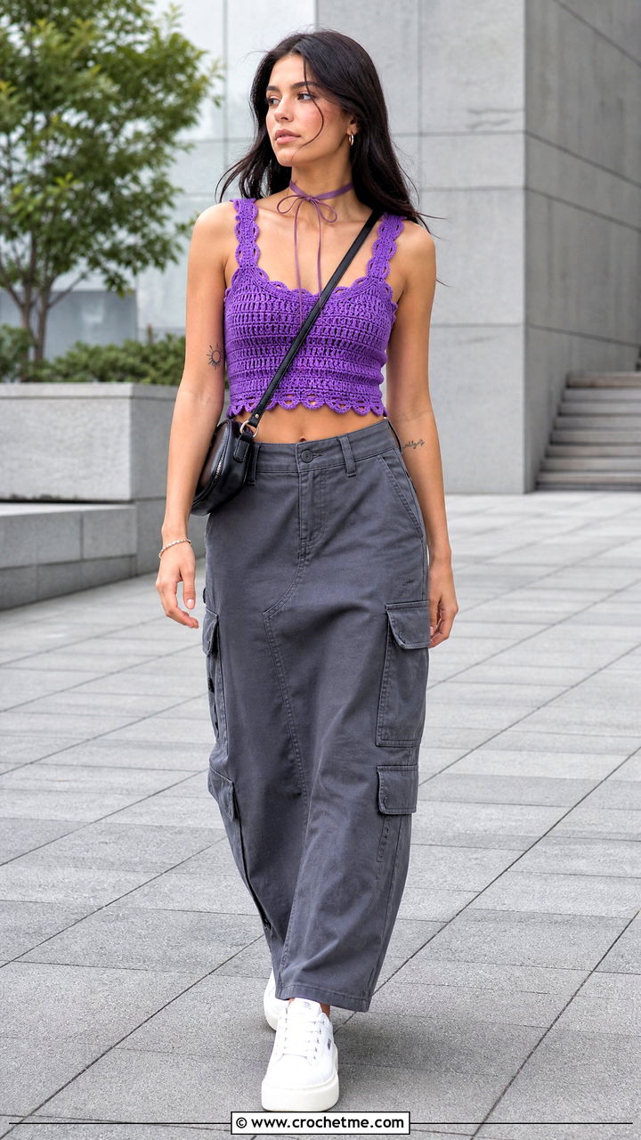 Picot Edge Crochet Top With Cargo Maxi Skirt - 35 coquette crochet top outfit ideas