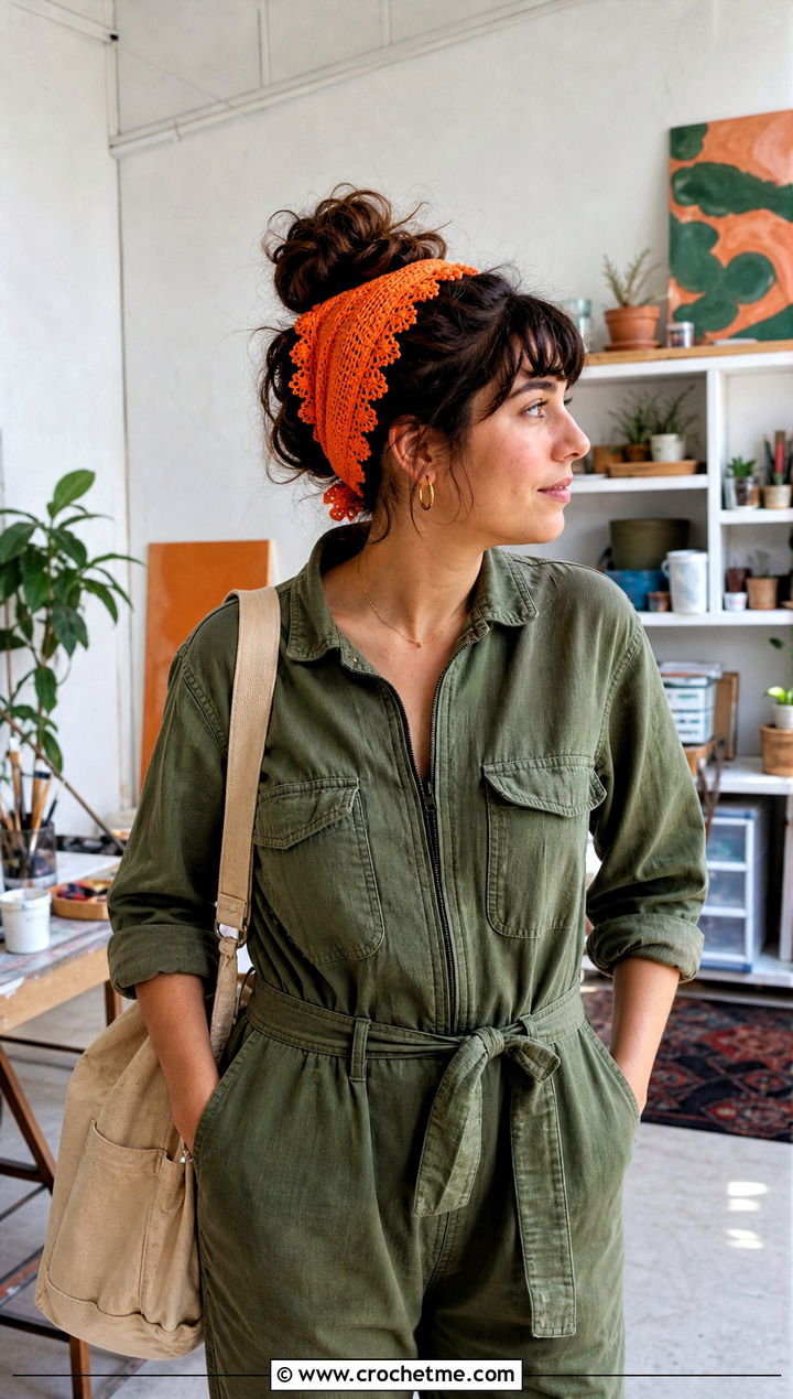 Picot Edge Crochet Triangle Hair Scarf With Utility Jumpsuit And Clogs - 25 crochet triangle hair scarf outfit ideas