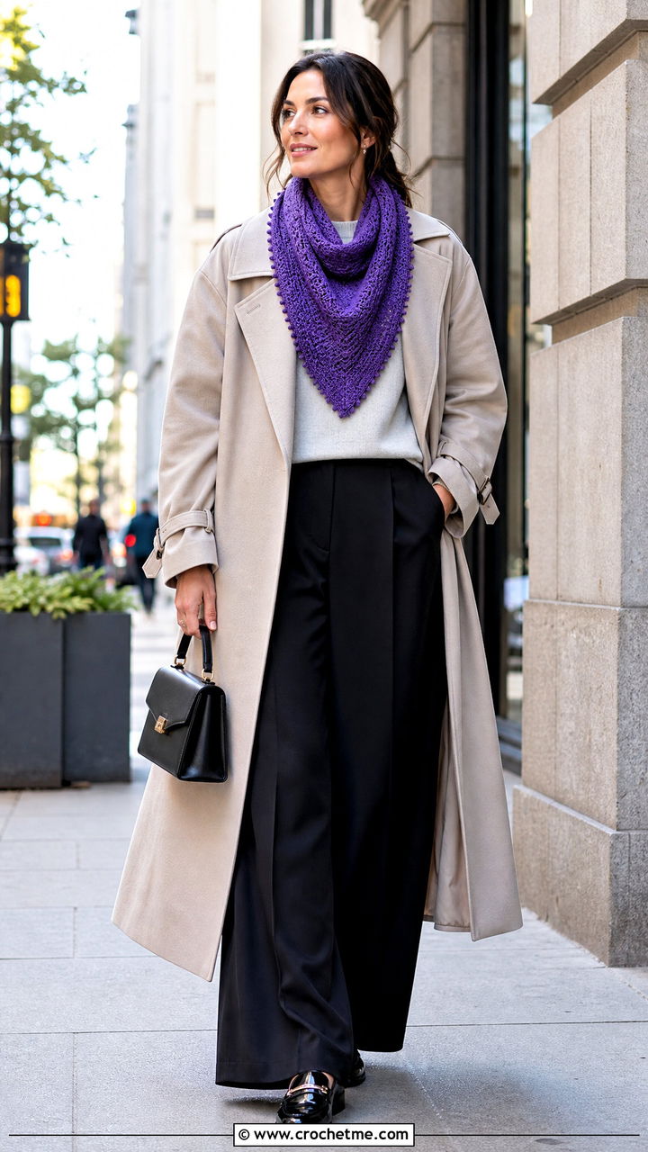 Picot Edge Crochet Triangle Scarf With Trench Coat And Wide Leg Pants - 35 crochet triangle scarf outfit ideas