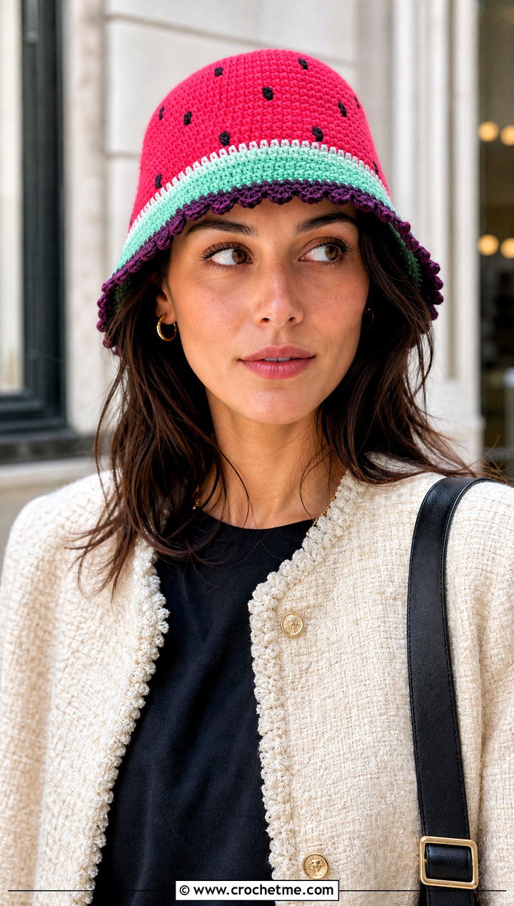 Picot Edge Crochet Watermelon Bucket Hat With Tweed Jacket And Jeans - 30 crochet watermelon bucket hat outfit ideas