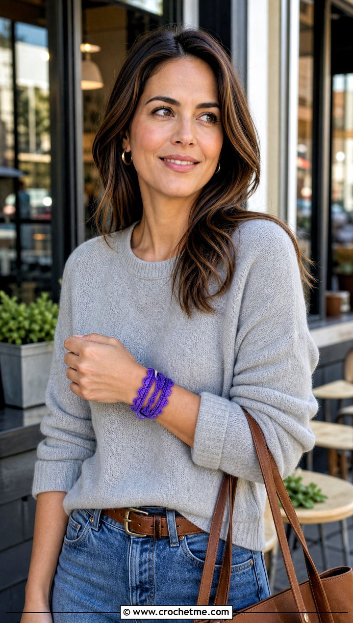 Picot Edge Crochet Wrap Bracelet With Sweater and Straight Leg Jeans - 35 crochet wrap bracelet outfit ideas