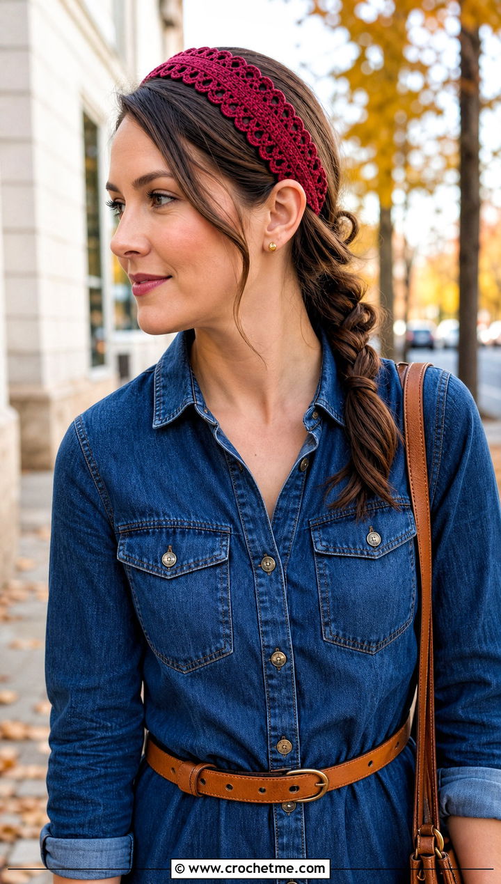 Picot Edge Elastic Crochet Headband With a Denim Shirt Dress - 25 Crochet Headbands With Elastic outfit ideas